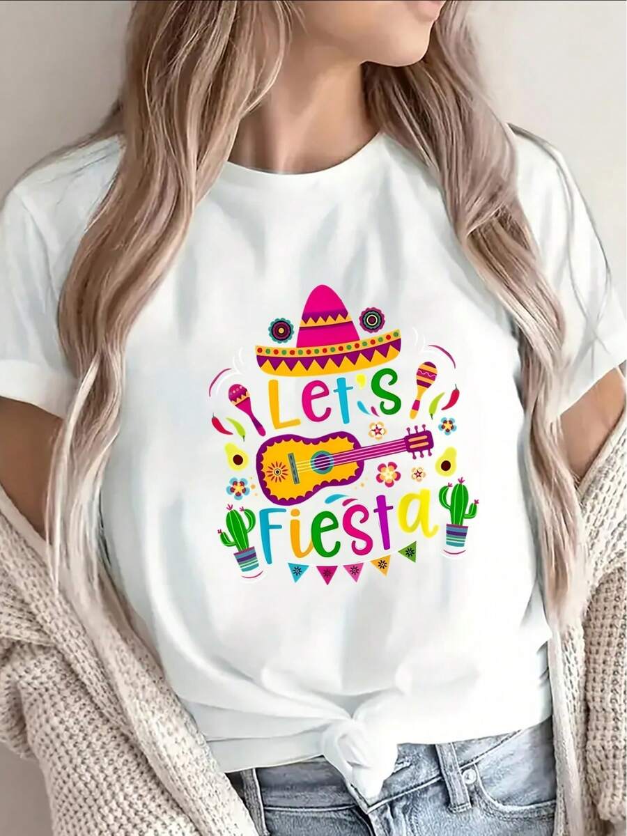 Women's Short-Sleeved T-Shirt Decorated With Festive And Colorful Designs, Suitable For Parties, Restaurants, Or Everyday Casual Wear. Lightweight And Durable, Printed With Mexican Motifs, It's An Ideal Choice For Festive Occasions. Women's T-Shirts - 白色 - 查看 1
