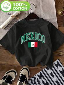 Women's T-Shirt With Mexican Flag Print - Casual Short Sleeve Crew Neck T-Shirt, Ultra Soft, Breathable, Summer Print, Women's Clothing For Spring/Summer, 100% Printed Casual Top For Women. - 黑色 - 查看 12