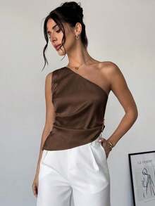 Blusa plisada elegante, romántica y de estilo sexy sin mangas, adecuada para fiestas, vacaciones y uso diario - Café integral - Ver 3