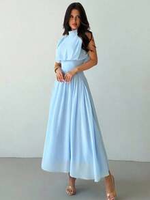 elegante de cuello alto y cintura ceñida con silueta evasé para mujer, vestido de verano, ropa de primavera/verano, atuendo de playa, para ir al trabajo, elegante, sexy, vacaciones, playa, bohemio, Hawái, festival de música, romántico, cit - Azul - Ver 5