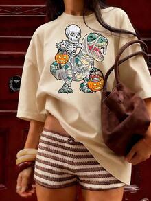 Halloween T-Shirt With Skeleton And Dinosaur Mummy, Fashionable Short-Sleeved T-Shirt For Spring And Summer 2026, Made In Mexico, 180 Grams. Cartoon Print, Couple Design, Suitable For Indoor Or Outdoor Wear. Crew Neck, Unisex, Ideal For Office And Leisure. One-Piece Pack. - APR-P631577SLNDXZGY564 - 查看 3