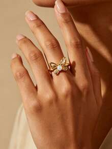 1PC Elegant Pearl Butterfly Rings For Women 18K Gold Plated Stainless Steel Butterfly Ring Aesthetic Wedding Party Jewelry Gift - Multicolor - View 9