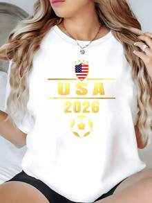 Shield With United States Flag Accompanied By Five Gold Stars And A Soccer Ball Under The Text USA 2026 Symbolizing Sporting Passion And National Pride. Women's Casual Modern Comfortable T-Shirt For Everyday Wear - 白色 - 查看 1