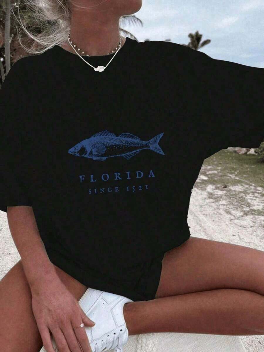 Women's Casual Printed T-Shirt, Florida Fishing Trip, 100% Cotton, 1 Piece, Fashionable Graphic Print T-Shirt, Comfortable And Soft Style, 100% Cotton - 黑色 - 查看 1