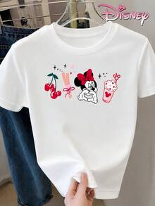 Pure Cotton Short-Sleeved T-Shirts For Teenage Girls, Featuring A Minnie Mouse Cherry Dessert Castle Print. Loose And Comfortable Fit, Sweet Summer Style, Suitable For Everyday Wear, Disney Outings, And Casual School Settings. - White - View 4
