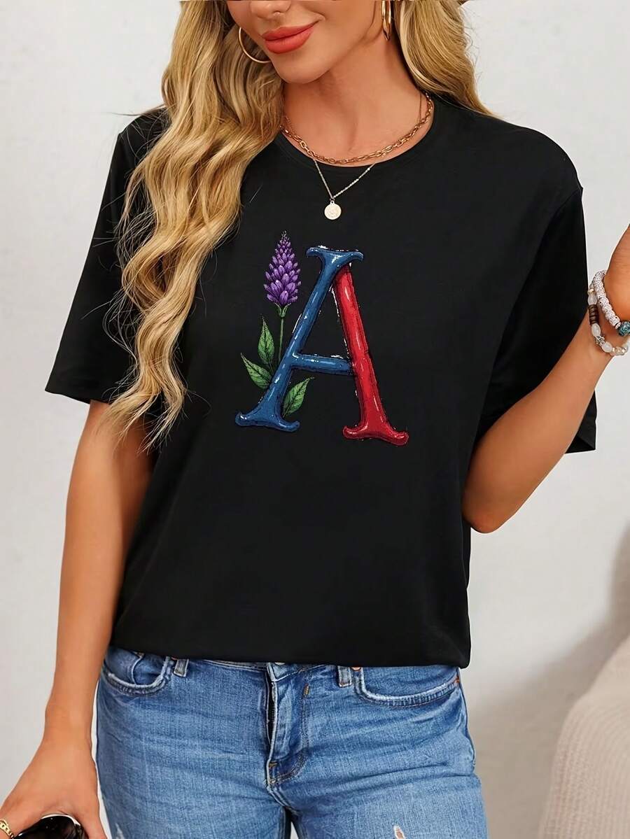 Y2K Women's Graphic Tee, Comfortable For Everyday Wear, With A Round Neck And Short Sleeves. Simple Casual Top, Suitable For Daily Wear, Meetings, And Work. A Spring, Fall, And Summer Wardrobe Essential. Fashionable Women's Clothing. - 黑色 - 查看 1