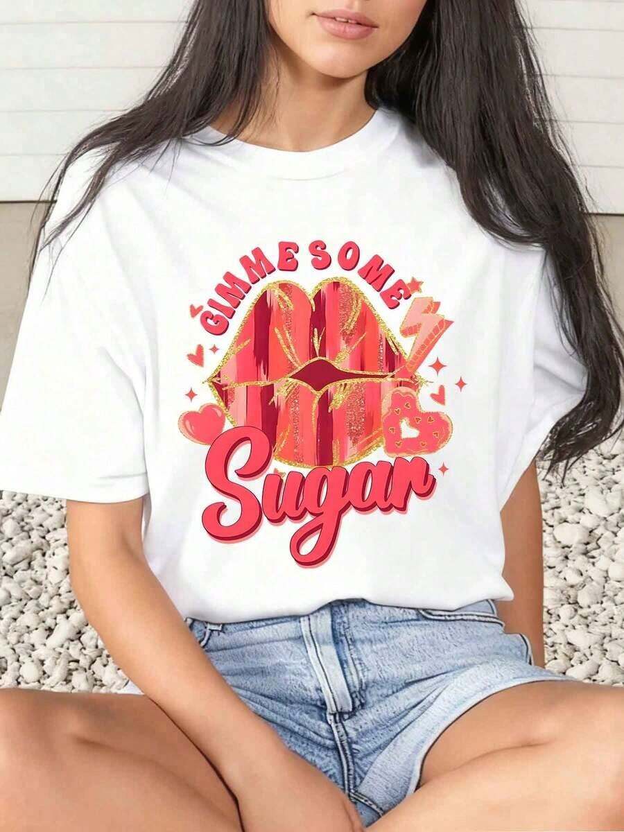 1 Piece Women's T-Shirt With Lips And Sugar Print For Valentine's Day, Casual, Round Neck, Short Sleeve, Soft And Comfortable, 220g/180g, 100% Cotton - 白色 - 查看 1