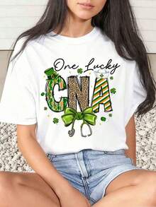 1 Piece Women's T-Shirt With "One Lucky Cna" Design For St. Patrick's Day, Festive Green Print, Daily Wear, Round Neck, Short Sleeve, Soft And Comfortable, 220g/180g, 100% Cotton - 白色 - 查看 10