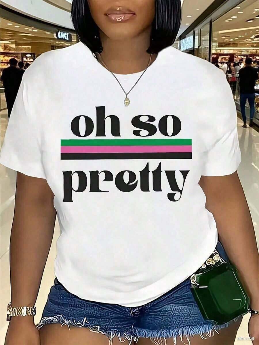 1 Piece AKA Women's Graphic T-Shirt With Round Neck - Black With Empowering Slogans In Pink And Green, Breathable, Short Sleeve, Summer, Machine Washable, Festive Clothing, Comfortable Fit T-Shirt, Vintage Style - 白色 - 查看 1