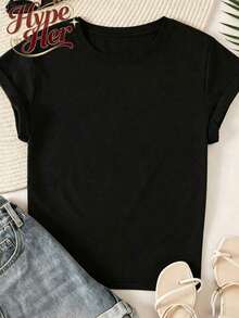 1 pieza HypeHer Nueva Colección Verano 2026, Linda Camiseta de Manga Corta con Cuello Redondo Regular para Mujer, Estampado Casual de Temática Monorail en Mezcla de Algodón, Regalos Ideales para Niñas o Mamás, Ropa de Verano para Mujer. 180g 100% Algodón, Todos los diseños están estampados. Unisexo. - Negro 5 - Ver 2