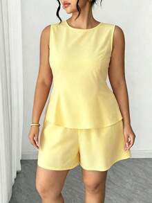 Conjunto de 2 piezas sin mangas rojo para mujer: Top corto con lazo en la espalda + Shorts, adecuado para citas, compras, fiestas, ir al trabajo, estilo elegante - Amarillo claro - Ver 3