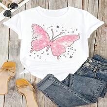 Kawaii Butterfly Graphic T-Shirt, 100% Cotton Oversized Soft Breathable Casual Crewneck Short Sleeve Top, Spring Vibes Aesthetic Tee for Women & Nature Lovers - Blanco - Ver 13
