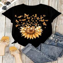 Sunflower Butterfly Graphic T-Shirt, 100% Cotton Oversized Soft Breathable Casual Crewneck Short Sleeve Top, Summer Vibes Aesthetic Tee for Women & Nature Lovers - Negro - Ver 6
