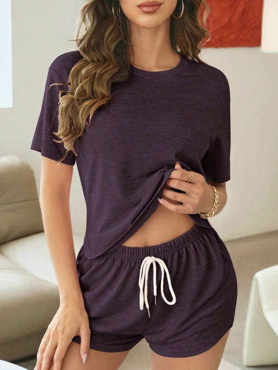 Conjunto de salón con top y pantalones cortos de punto jaspeado - Morado - Ver 1