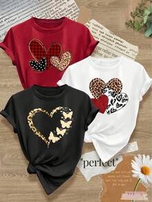 Camisetas de mujer, camisetas de mujer, diseño sencillo de una pieza con líneas claras y estampado de corazones, top deportivo casual de estilo retro y moderno para primavera, otoño y verano, camiseta de manga corta con cuello redondo, tallas S-XXL. - 1 patrón aleatorio negro - Ver 1