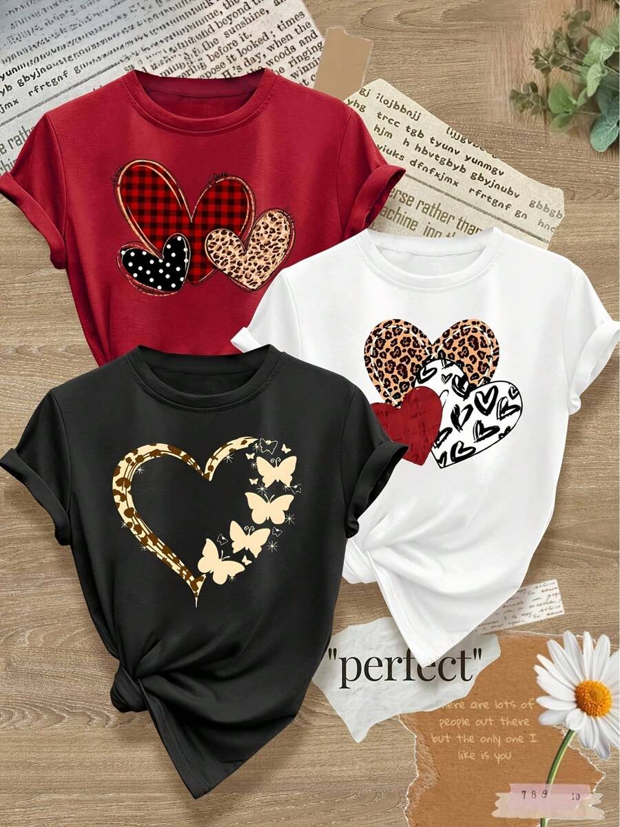 Camisetas de mujer, camisetas de mujer, diseño sencillo de una pieza con líneas claras y estampado de corazones, top deportivo casual de estilo retro y moderno para primavera, otoño y verano, camiseta de manga corta con cuello redondo, tallas S-XXL. - 1 patrón aleatorio negro - Ver 1