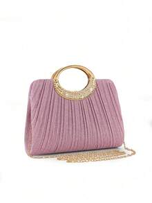 Women's Fashion Sparkling Crystal Diamond Pleated Evening Clutch, Luxury Diamond-Encrusted Formal Wallet, Suitable For Celebrations, Parties, Birthdays, Weddings, As Birthday Gifts, Valentine's Day Gifts, Perfect For Matching With Gowns, Parties, Weddings, Dinners, Dates - Pink - View 3