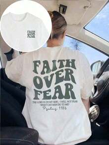 "Faith Over Fear" Double Print T-Shirt - Short-Sleeve Crew Neck Pure Cotton T-Shirt,  Holiday Style, A Daily Essential. Holiday Outfits, Simple Retro Street Style Top. Everyday Campus Wear For Men And Women - Comfortable Loose Fit Cotton Vintage Street Style T-Shirt - 白色的 - 查看 8