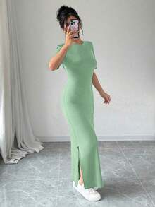 Vestido largo de mujer de manga corta con cuello en V y bajo dividido, de unicolor, vestido maxi elegante de color burdeos, vestido largo ajustado, vestido largo rojo, vestido maxi de manga corta para mujer, vestidos de mujer, vestido largo ajust - verde menta - Ver 6