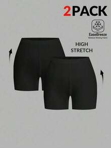 2 piezas Leggings básicos casuales de unicolor para mujer de talla grande, aptos para el verano - Negro 2 - Ver 1