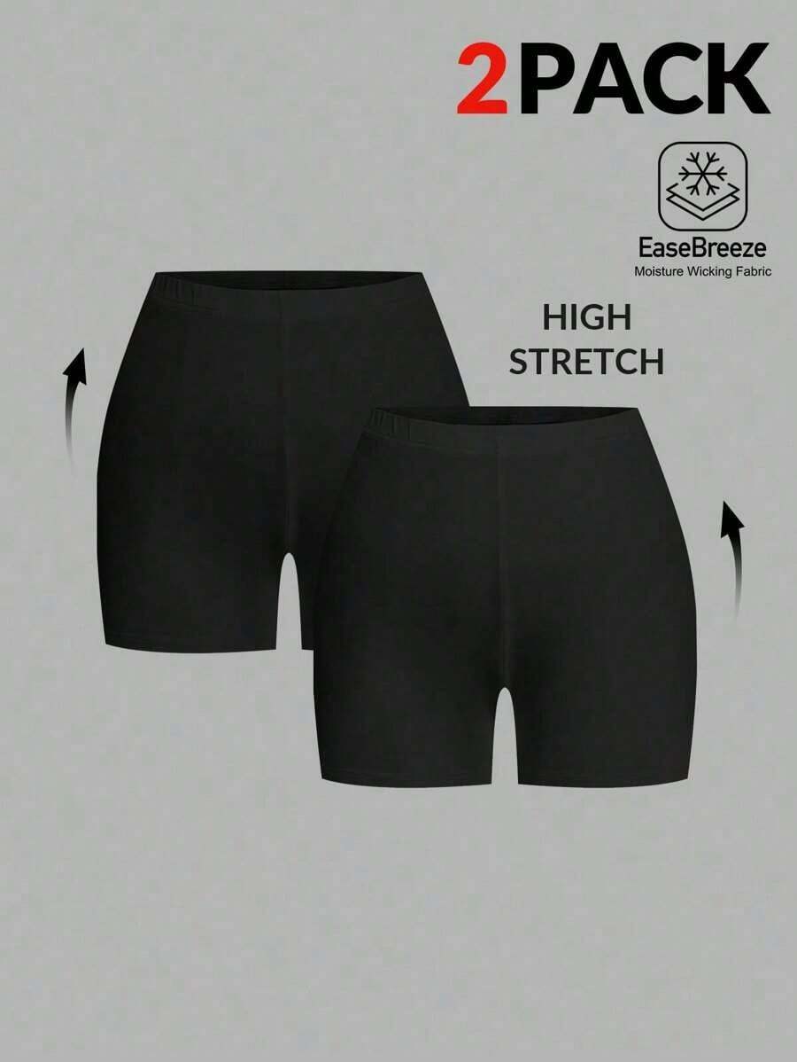 2 piezas Leggings básicos casuales de unicolor para mujer de talla grande, aptos para el verano - Negro 2 - Ver 1