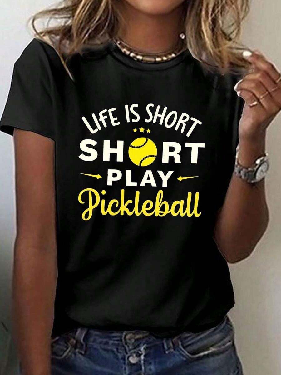 One Piece, Classic And Versatile, Pure Cotton Short-Sleeved T-Shirt Ideal For Any Season. Ladies, Life Is Short, Enjoy It While You Can. Baseball Print, Modern Style - 黑色 - 查看 1