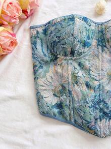 Blusa de tirantes con estampado floral vintage bohemio, elegante y tropical, ideal para vacaciones, boda en la playa, graduación, brunch, Día de San Patricio, Spring Break, Pascua, festivales de música, otoño/invierno - Azul - Ver 6