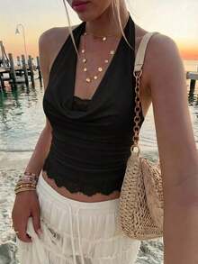 Nuevo Camisol de Mujer con Cuello Halter, Espalda Descubierta y Tirantes con Lazo, Diseño de Encaje y Parches, Adecuado para Vacaciones y Playa - Negro - Ver 3