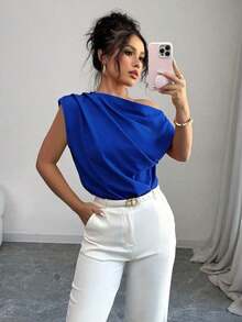 Blusa de unicolor con cuello asimétrico y plisado a la moda para mujeres - azul real - Ver 5