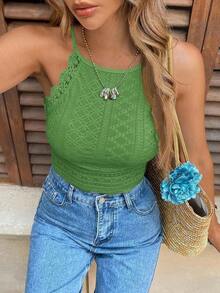 Camiseta de tirantes de mujer con cuello halter, hombros descubiertos y entredós de encaje - Verde - Ver 5