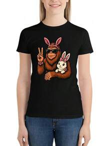 Women's Casual Cotton T-Shirt With Fun Print, Rabbit Ears And Peace Symbol. - 黑色風格. - 查看 2