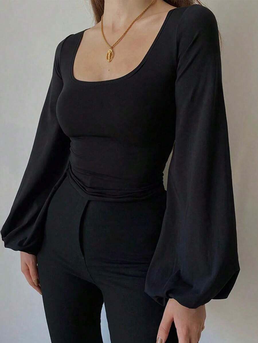 Camiseta Casual de Mujer de Color Sólido con Mangas Tipo Linterna, Top Negro de Manga Larga para Otoño - Negro - Ver 1