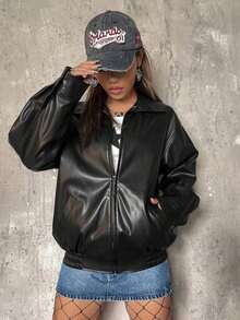 Chaqueta negra de PU con cierre de cremallera y hombros caídos  ICON para otoño/invierno - Negro - Ver 6