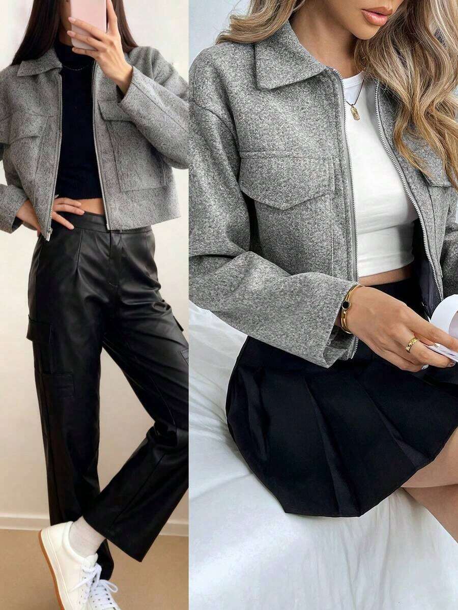 Women's Solid Color Long Sleeve Short Jacket With Utility Pockets, Spring And Autumn Clothing For Women - Grey - View 1
