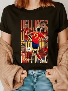 A Player Running On A Field With Energy And Passion, Showcasing The Power Of Sport And Victory. This Modern, Comfortable, Casual Women's T-Shirt Is Perfect For Everyday Wear And Features Vibrant Colors. - 黑色 - 查看 1