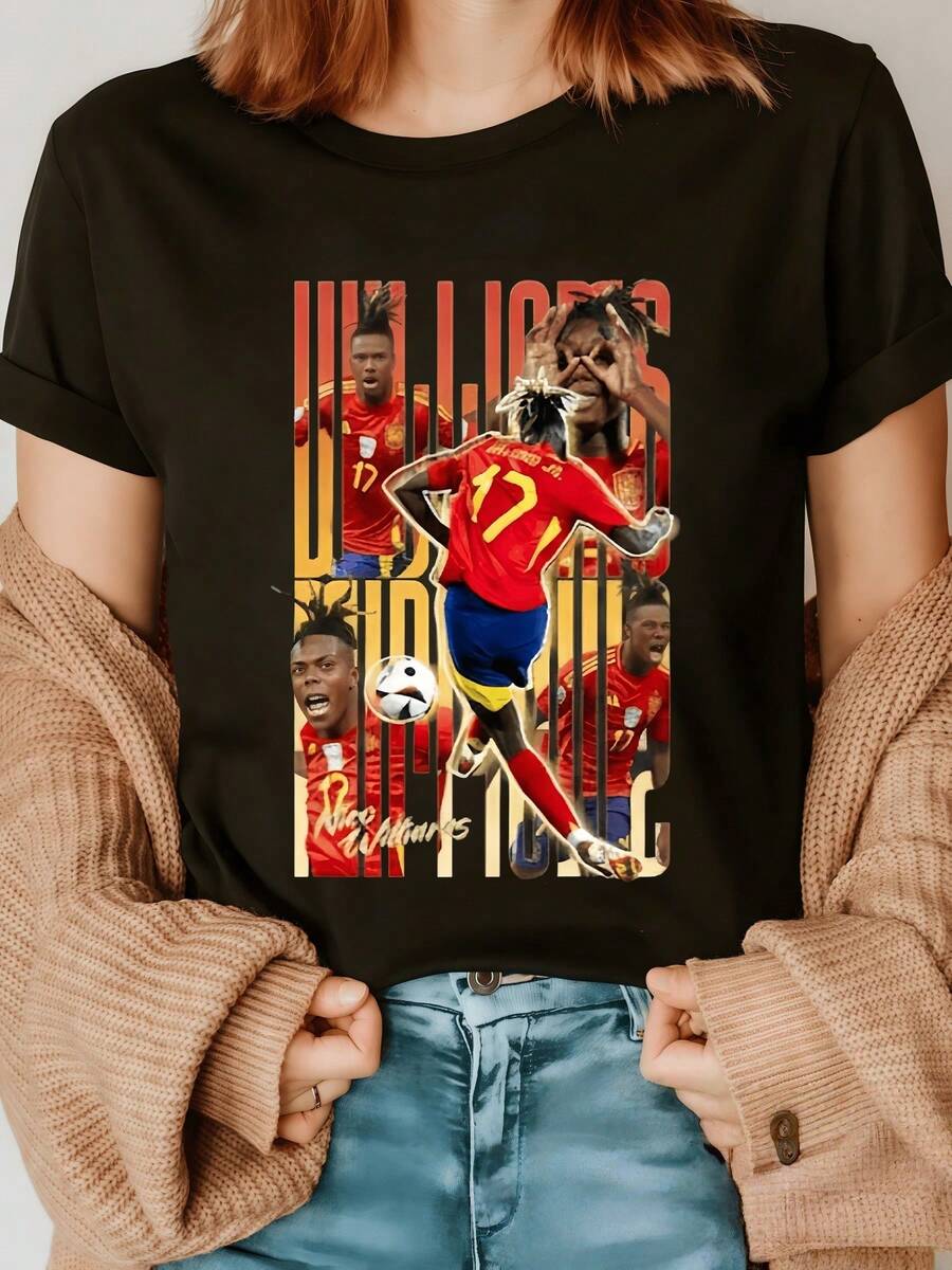 A Player Running On A Field With Energy And Passion, Showcasing The Power Of Sport And Victory. This Modern, Comfortable, Casual Women's T-Shirt Is Perfect For Everyday Wear And Features Vibrant Colors. - 黑色 - 查看 1