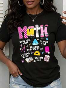 1 Women's Math Teacher Gift T-Shirt, Funny Math Lover T-Shirt With Calculator, Protractor And Geometric Symbols, Pink And Yellow Design, Casual Wear, 180g, 100% Cotton. - 黑色 - 查看 1