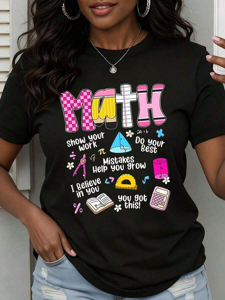 1 Women's Math Teacher Gift T-Shirt, Funny Math Lover T-Shirt With Calculator, Protractor And Geometric Symbols, Pink And Yellow Design, Casual Wear, 180g, 100% Cotton. - 黑色 - 查看 1