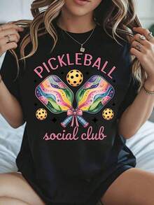 1 Women's Pickleball Social Club T-Shirt With Colorful Paddle And Ball Design, Casual Wear, Sporty Style, Fashion Top, 180g, 100% Cotton. - 黑色 - 查看 1