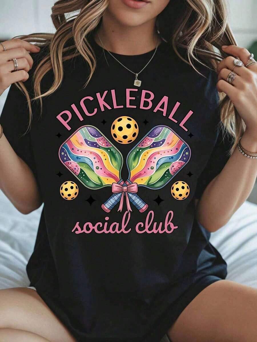 1 Women's Pickleball Social Club T-Shirt With Colorful Paddle And Ball Design, Casual Wear, Sporty Style, Fashion Top, 180g, 100% Cotton. - 黑色 - 查看 1