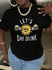 1 Piece Women's T-Shirt "Let's Drink" Funny, With Drink Print, For Ladies, Funny T-Shirts For Women, Cute, Vintage, Fashionable, Casual, Gift For Ladies, 180g 100% Cotton. - 黑色 - 查看 1