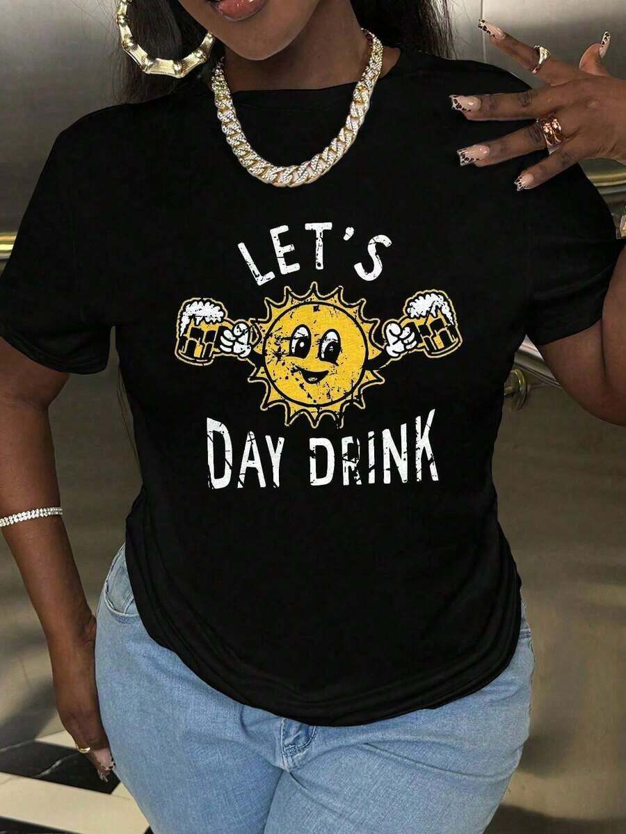 1 Piece Women's T-Shirt "Let's Drink" Funny, With Drink Print, For Ladies, Funny T-Shirts For Women, Cute, Vintage, Fashionable, Casual, Gift For Ladies, 180g 100% Cotton. - 黑色 - 查看 1