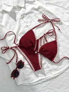 Conjunto de bikini de 2 piezas para mujer de verano con tela jacquard de unicolor, volantes en el borde y tirantes ajustables - Rojo - Ver 1
