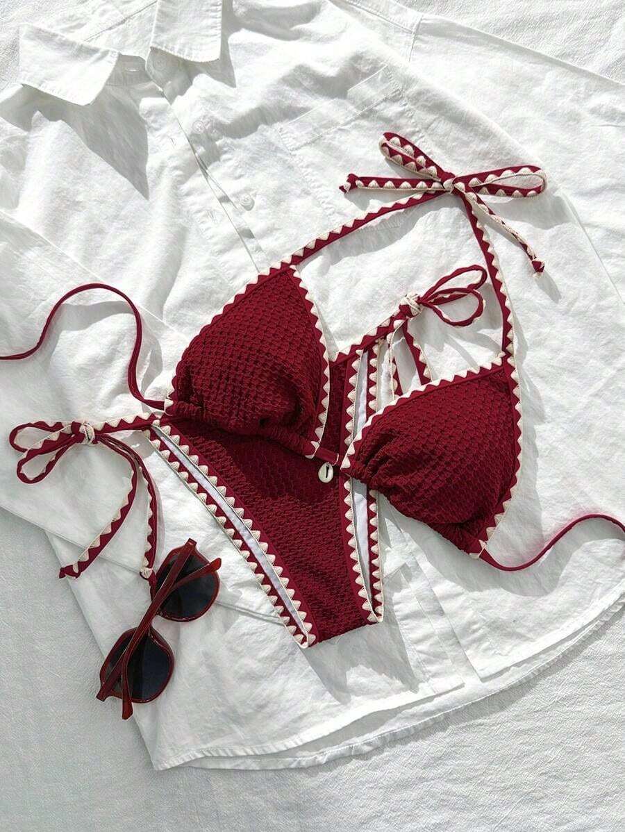Conjunto de bikini de 2 piezas para mujer de verano con tela jacquard de unicolor, volantes en el borde y tirantes ajustables - Rojo - Ver 1