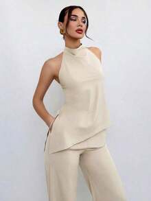 Conjunto de top halter y pantalones de color café claro, estilo sencillo para ir al trabajo - Beis - Ver 7