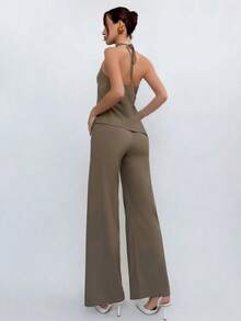 Conjunto de top halter y pantalones de color café claro, estilo sencillo para ir al trabajo - Café integral - Ver 2