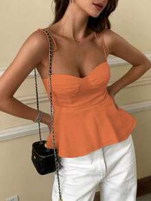 1 pieza Blusa casual sin mangas con volantes en el bajo, Elegante top tubo minimalista francés de color blanco puro, Camiseta sin mangas ajustada para vacaciones y viajes, Ligera camiseta con lazo delantero, Ropa exterior sexy tipo babydoll que acentúa las curvas, Primavera/Verano/Otoño - Naranja - Ver 1