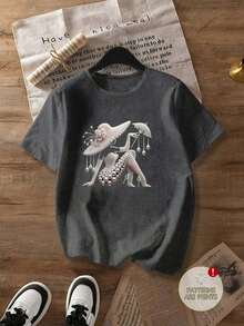 Women's Short-Sleeved Crew Neck T-Shirt With Graphic Print And Faux Pearl Embellishments, Stylish For Summer, Casual Street Style, Plus Size - 深灰色 - 查看 1