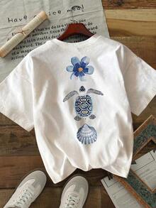 Mexican Basic 2026Camiseta de manga corta casual y versátil de cuello redondo con estampado floral y de tortuga, blanca para verano, talla grandecool  New Launch - Blanco - Ver 3