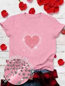 Women's Plus Size Casual Short Sleeve T-Shirt With Round Neck And Heart-Shaped Rhinestones For Valentine's Day - Rosa 2 - View 1